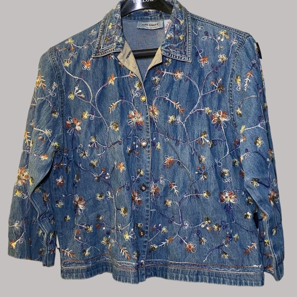 Jane Ashley Womens Embroidered Denim Jacket M Cotton Blue Floral Cottagecore Fai